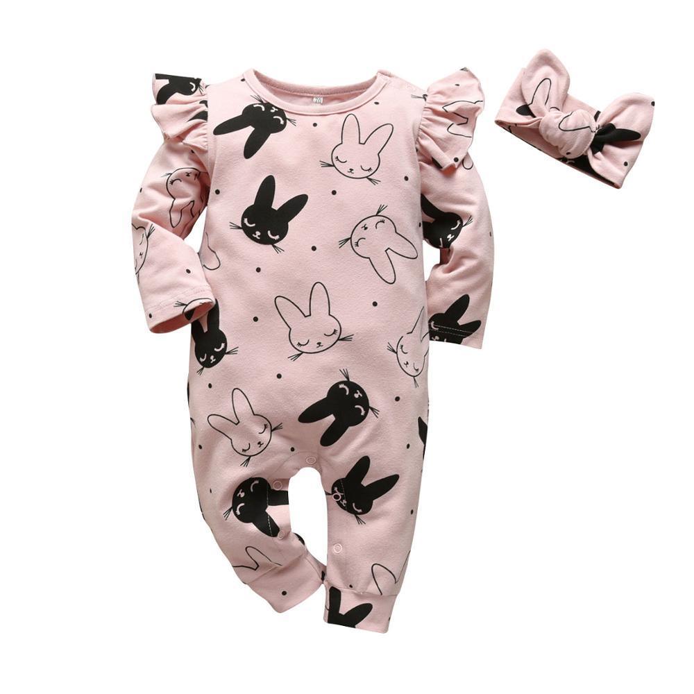 Newborn Clothes Baby Girls Romper Hearts Print Cotton Long Sleeve Jumpsuit and Headband Set