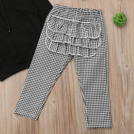 1-6Y Winter Toddler Baby Girls Clothes Sets, Hooded Pullover Black Tops and Ruffles Plaid Pants Headband In Modern New Style
