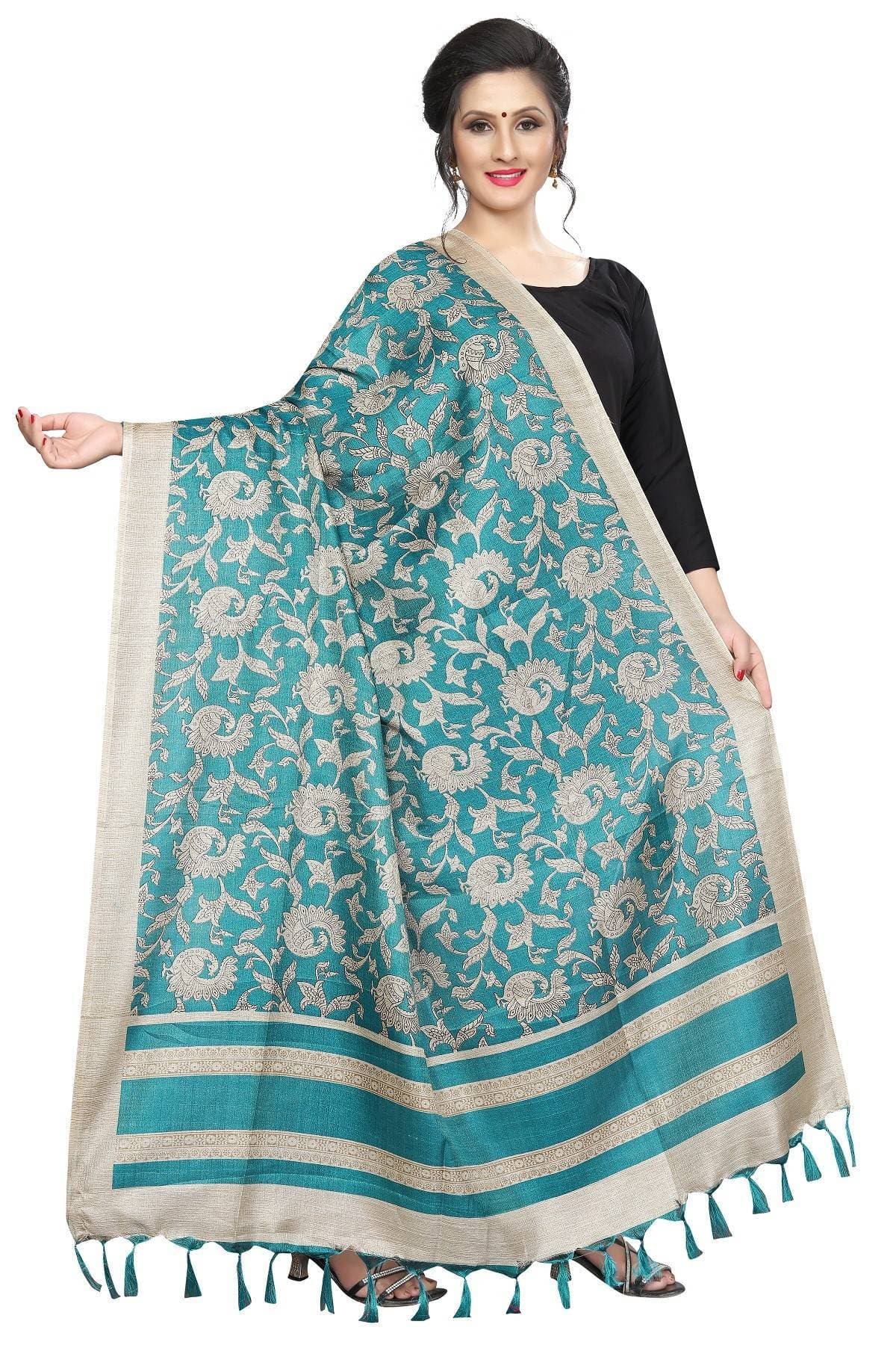 Vamika Rama Green Designed Printed Khadi Bhagalpuri Dupatta