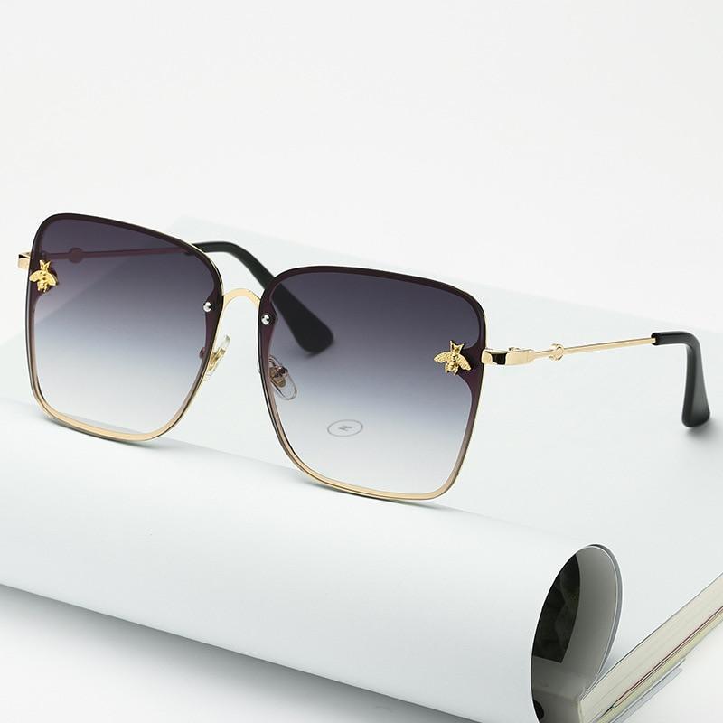 New Fashion Lady Oversize Rimless Square Bee Sunglasses For Women  With Small Bee Glasses Design Gradient Sunglasses With UV400