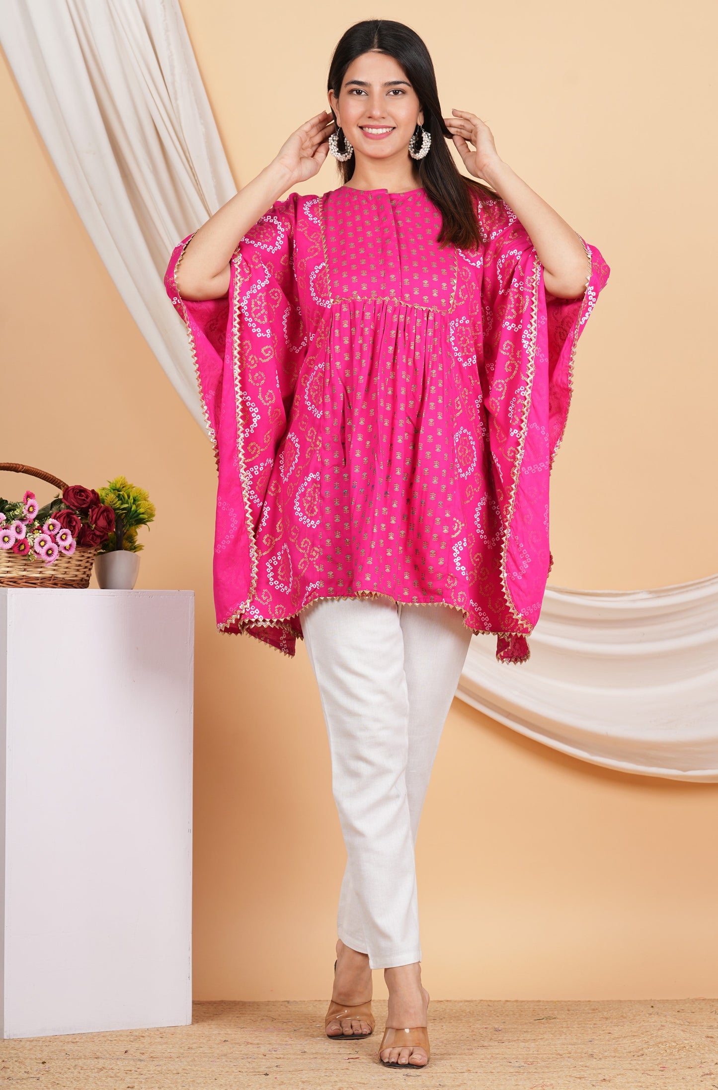 House of RP Women Pink Rayon Ethnic Print Kaftan