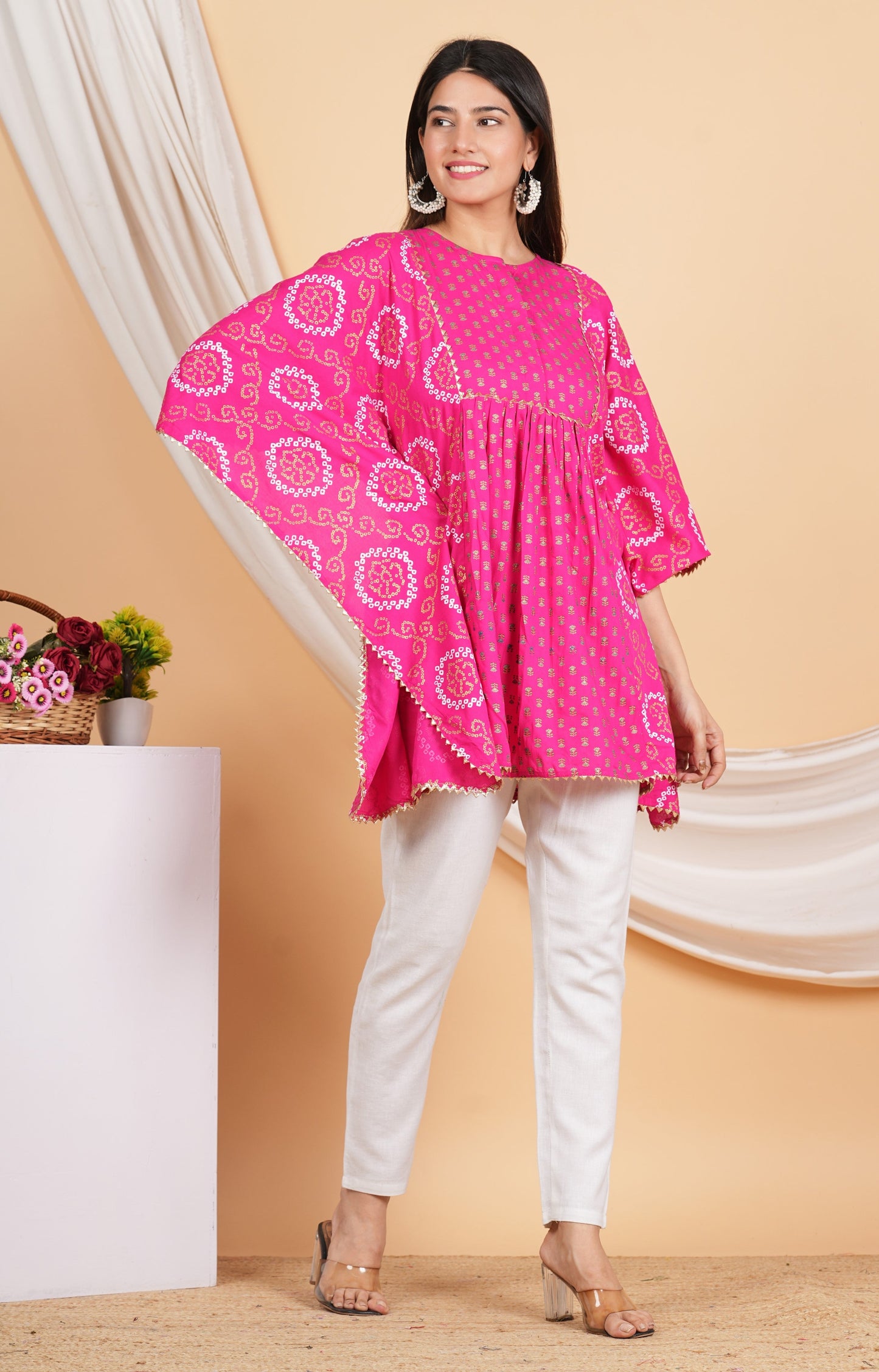 House of RP Women Pink Rayon Ethnic Print Kaftan