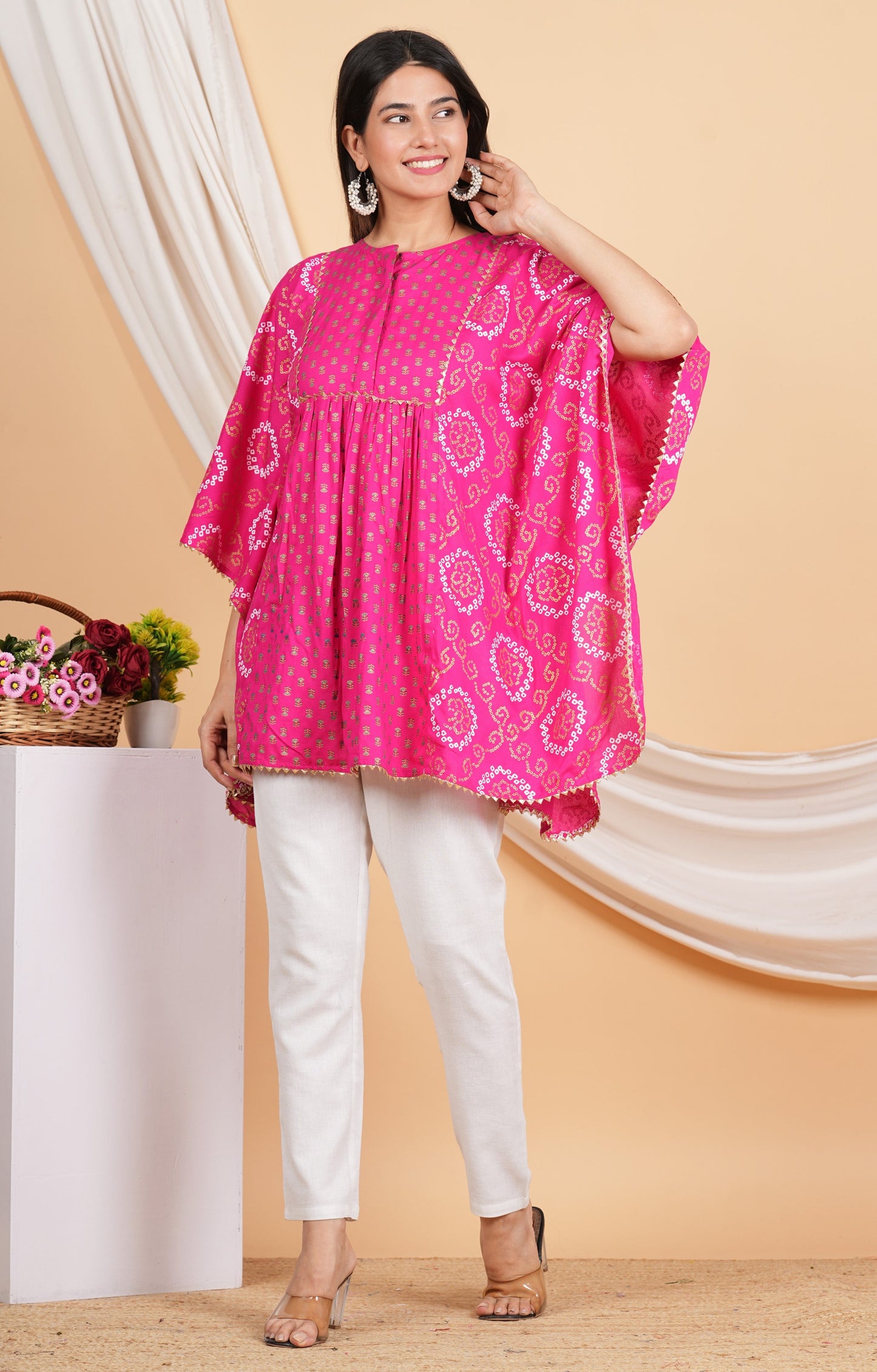 House of RP Women Pink Rayon Ethnic Print Kaftan