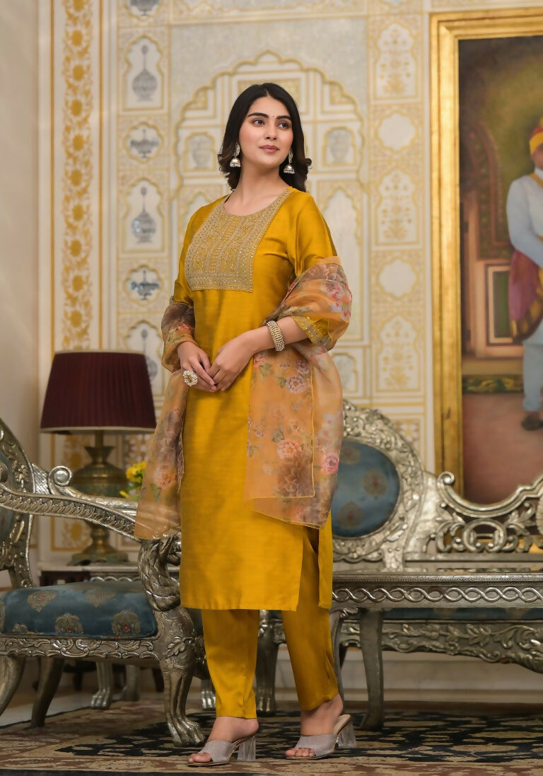 Partywear Designer Musted Yellow Poly Silk fabric Stitched Suit With Dupatta - Tanisha