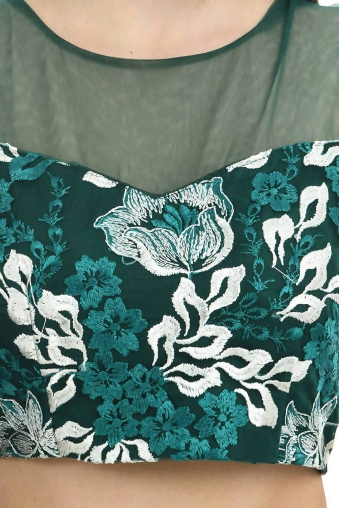 Mominos Fashion All Season Wear Bottle Green & White Thread Embroidered Ruffled Ready To Wear Saree