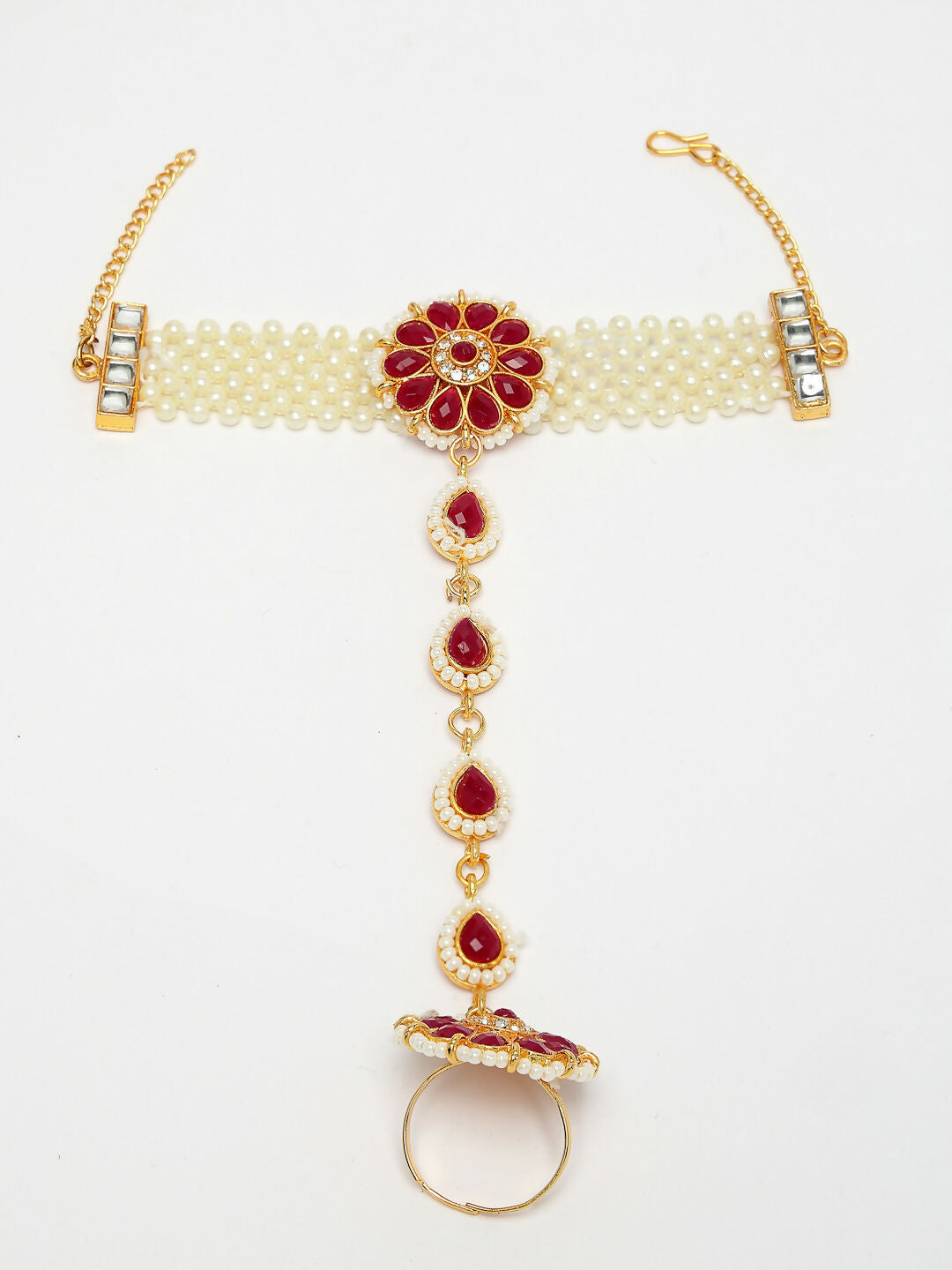 NVR Women's Red Gold-Polished Stone Studded Handcrafted Ring Bracelet