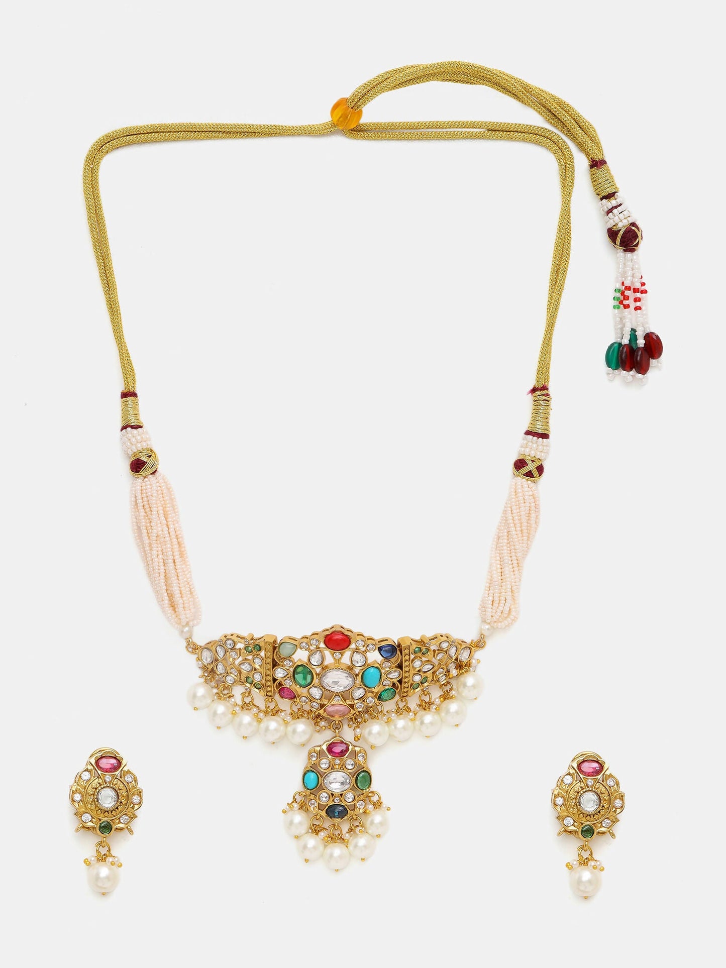 Ruby Raang Gold Polished Kundan Work Multi-Color Navratan Kundan Choker With Stud Earrings