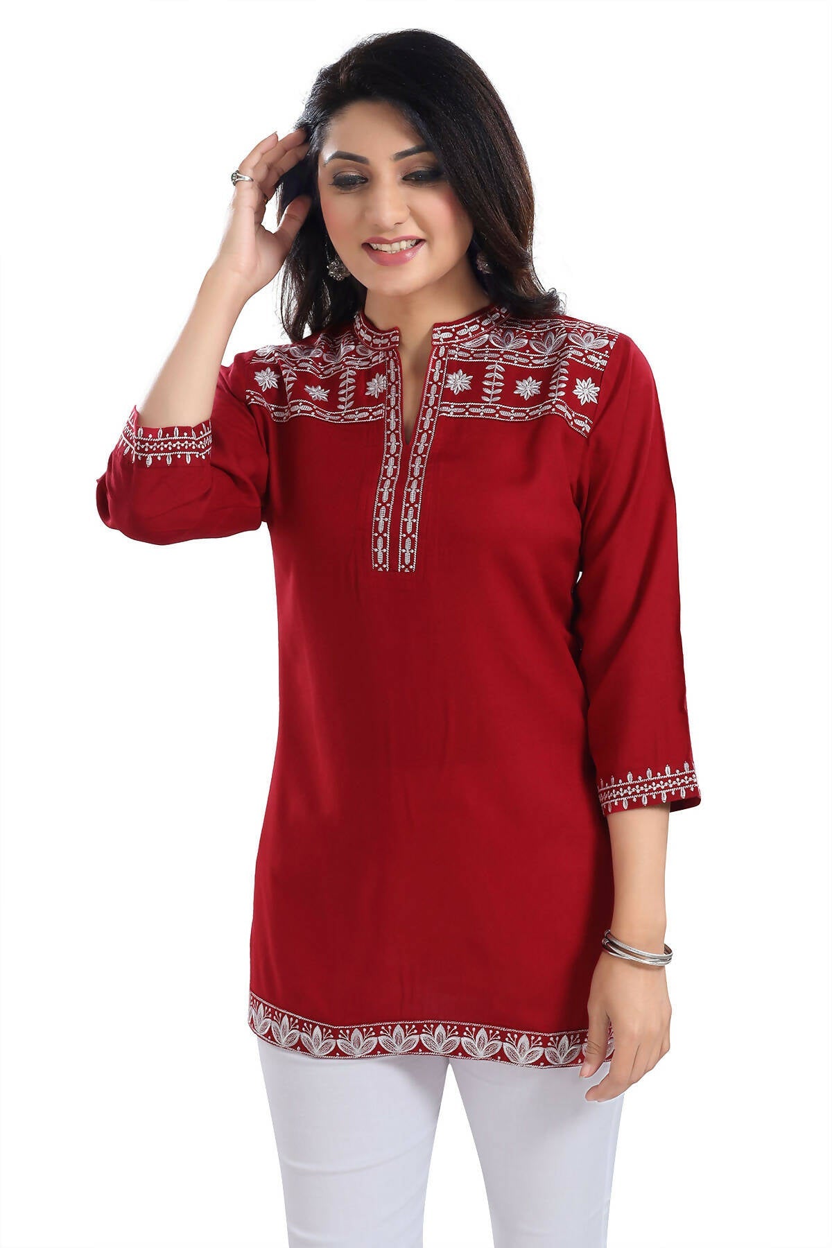 Snehal Creations Rosy Red Women Embroidered Boho Chic Tunic Top