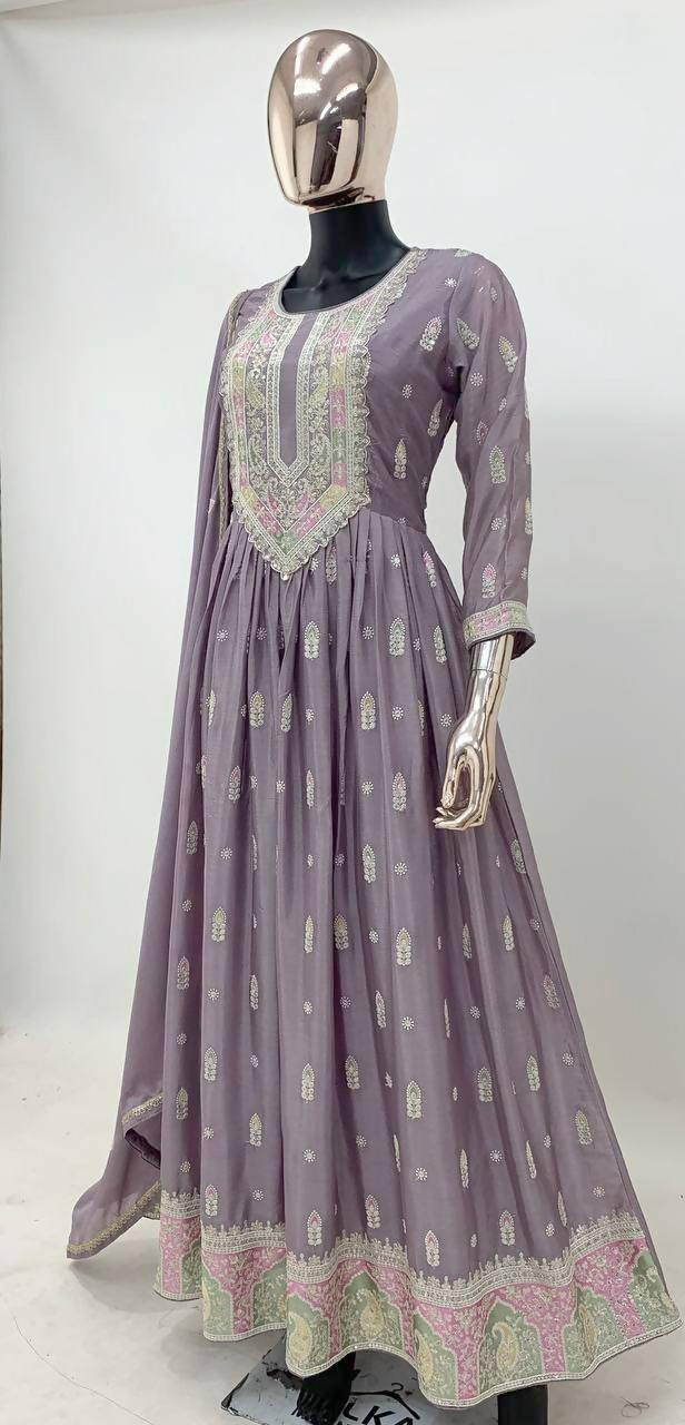 Lorenvalley Fashion Lavender Chinon Embroidery With Sequince Work Gown Stitched