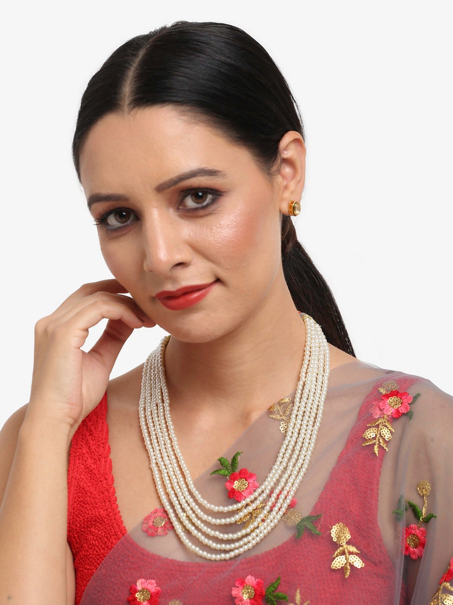Women's White Gold-Toned Plated Kundan Layered Necklace Set - Ruby Raang