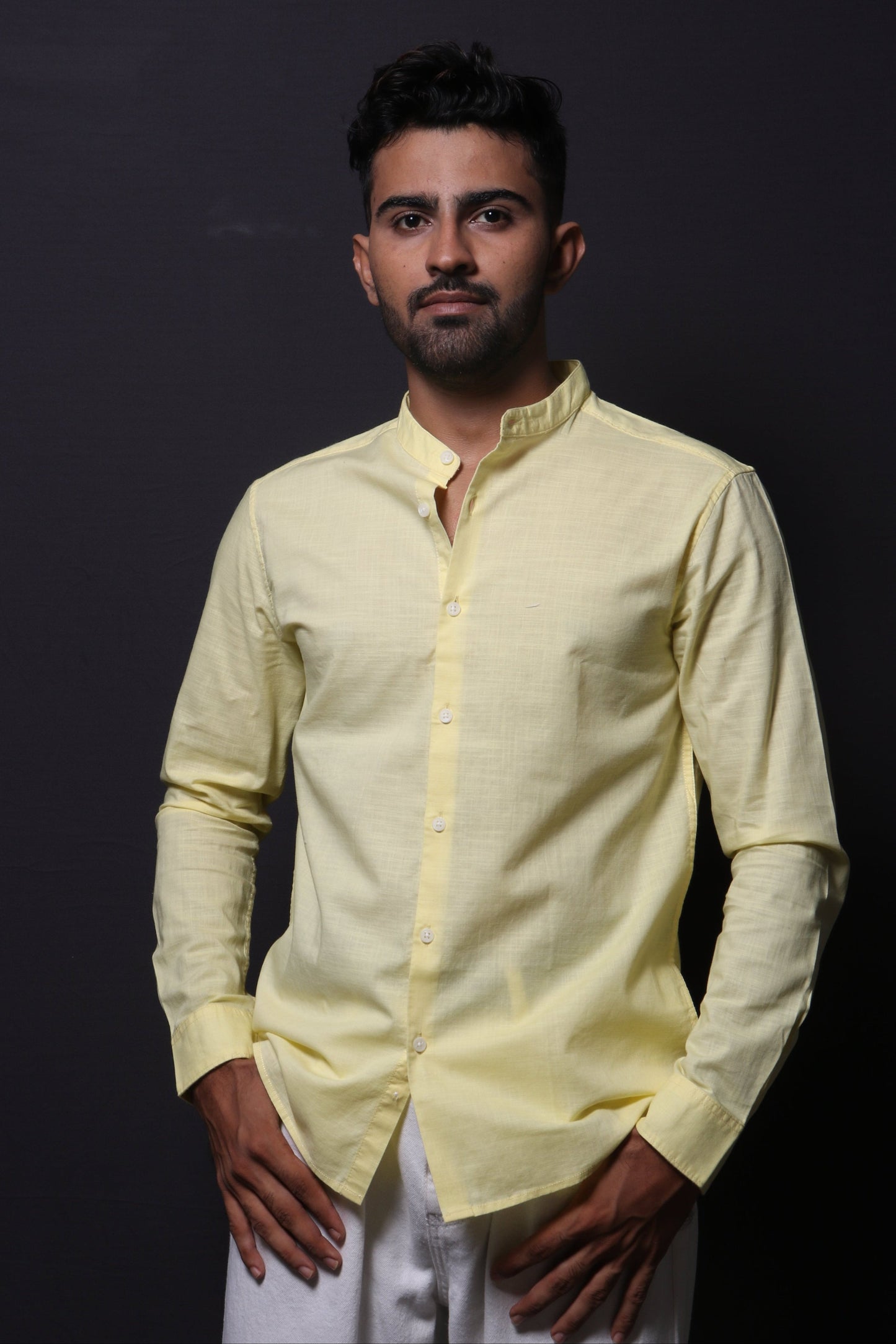 Jonesburg Yellow Slub Mandarin Collar Slim Fit Shirt