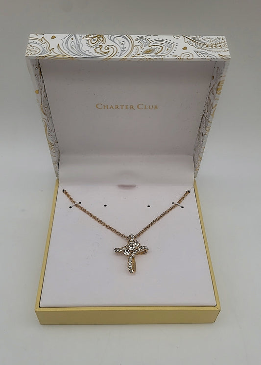 Charter Club Gold-Tone Pave Crystal Cross Pendant Necklace