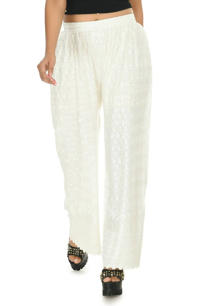 Mominos Fashion Moeza Reyon Cotton Off White Color Chikan Work Palazzo