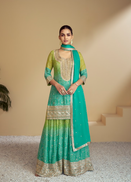 Vastranavya Turquoise Chinon Bandhini Print with Embroidery & Mirror or Jharkhan work Sharara Suit