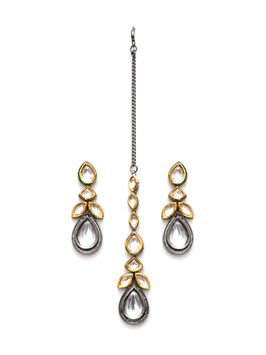 Dual Tone Kundan Maang Tikka with Earrings Jewellery Set (silver) - Ruby Raang