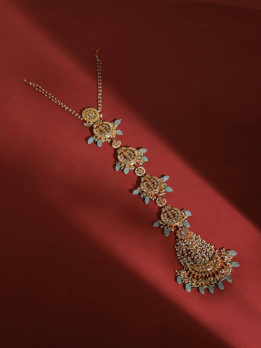 Gold-Polished White Blue Kundan-Studded Pearl Beaded Matha Patti - Ruby Raang