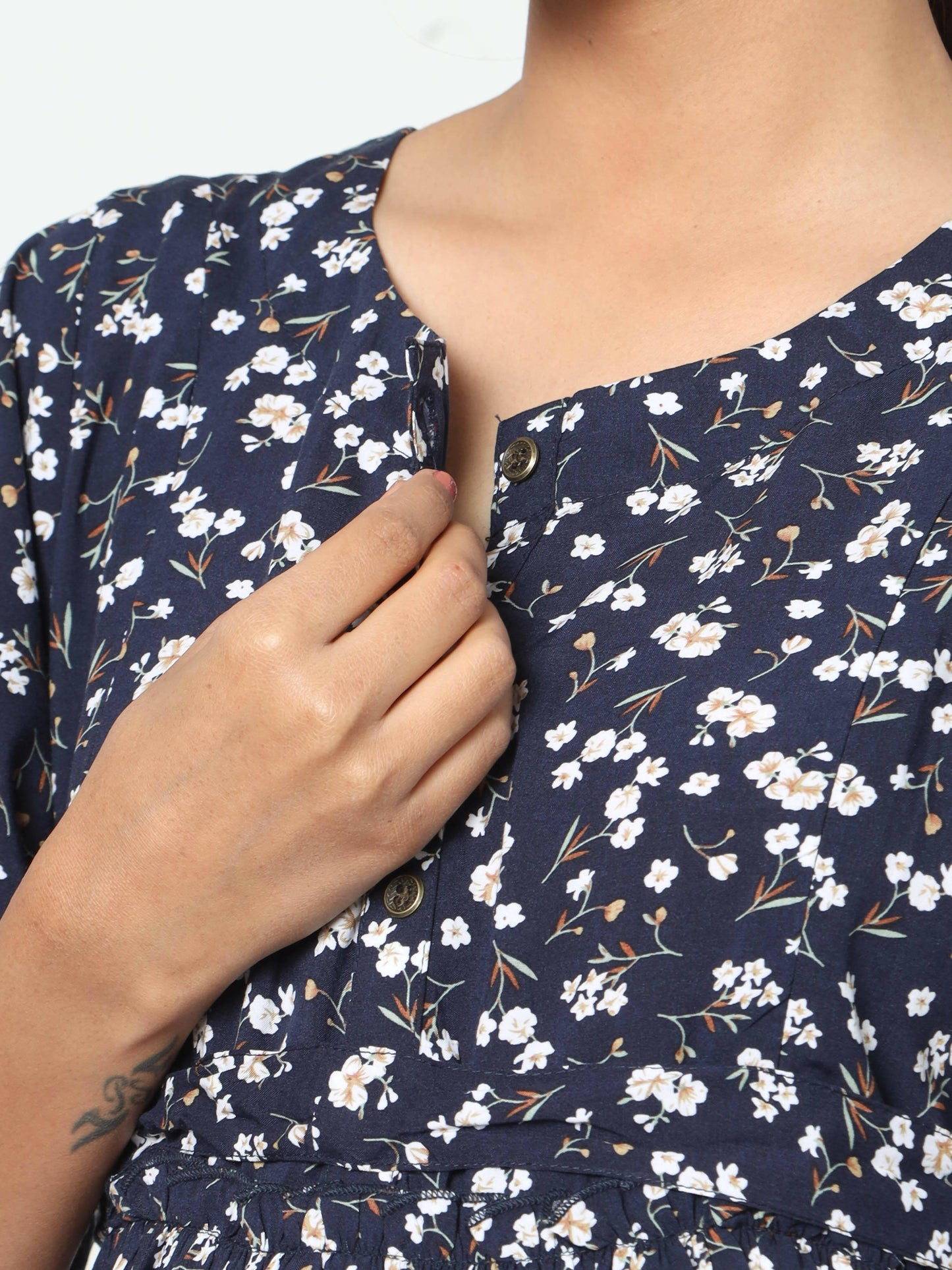 Manet Frill Slevees Maternity Dress Floral Print With Concealed Zipper Nursing Access - Navy