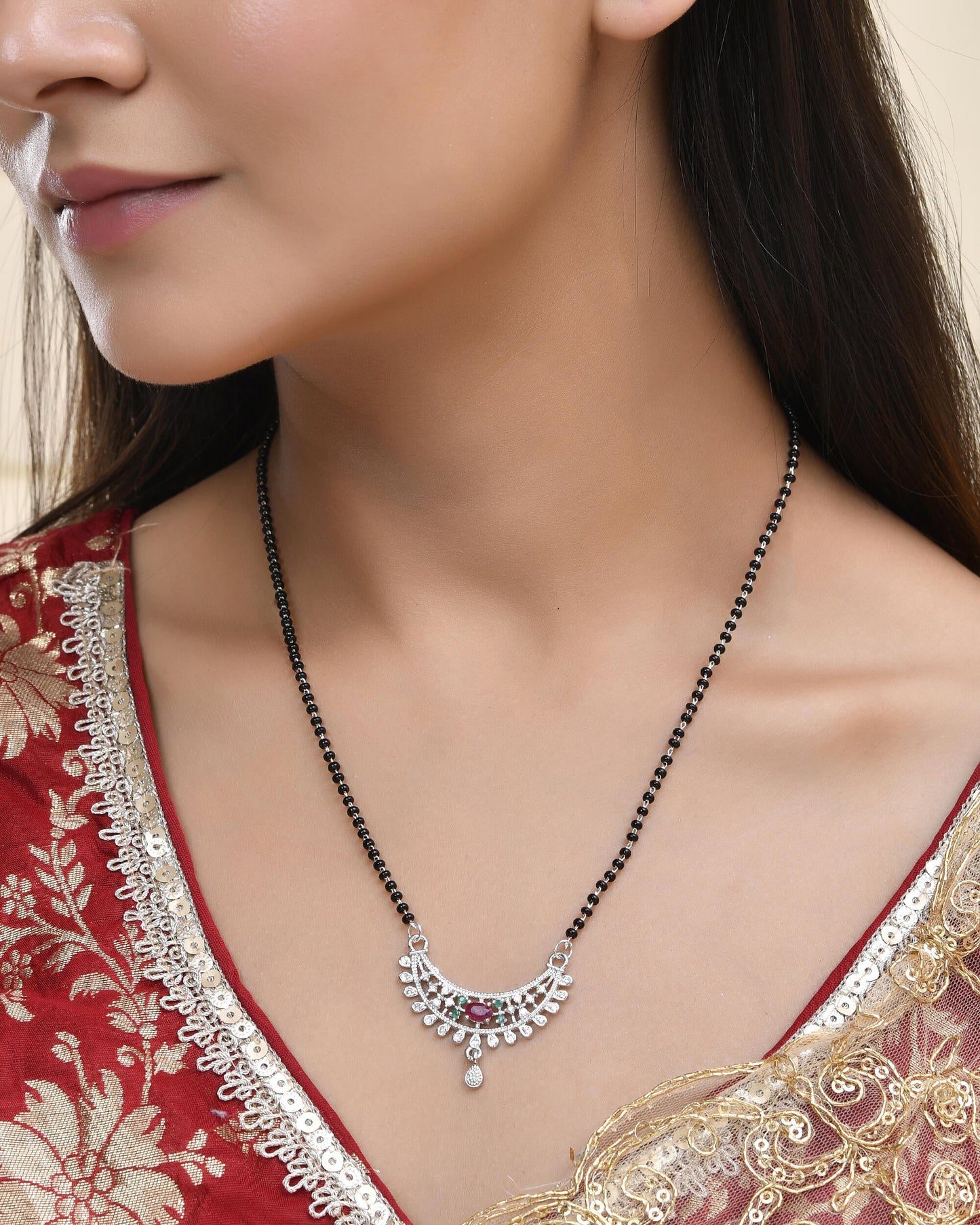 Jewels Nest Elegant Silver-Plated Mangal Sutra with Floral Crystal Pendant