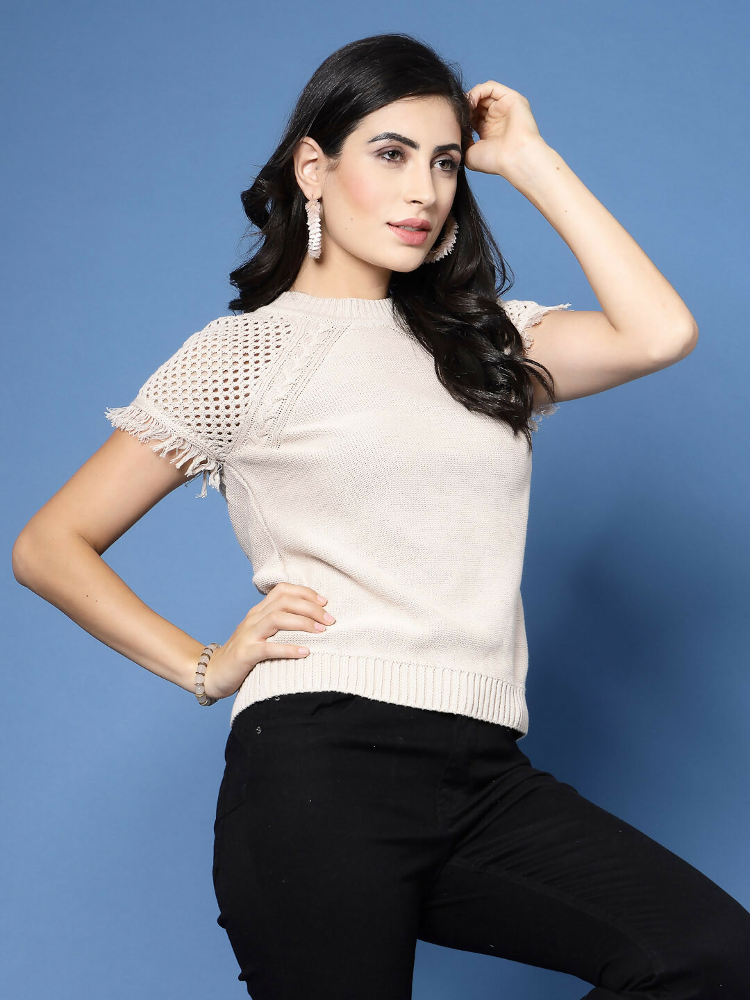 Women Winter Beige Cotton Pullover - Wool Trees