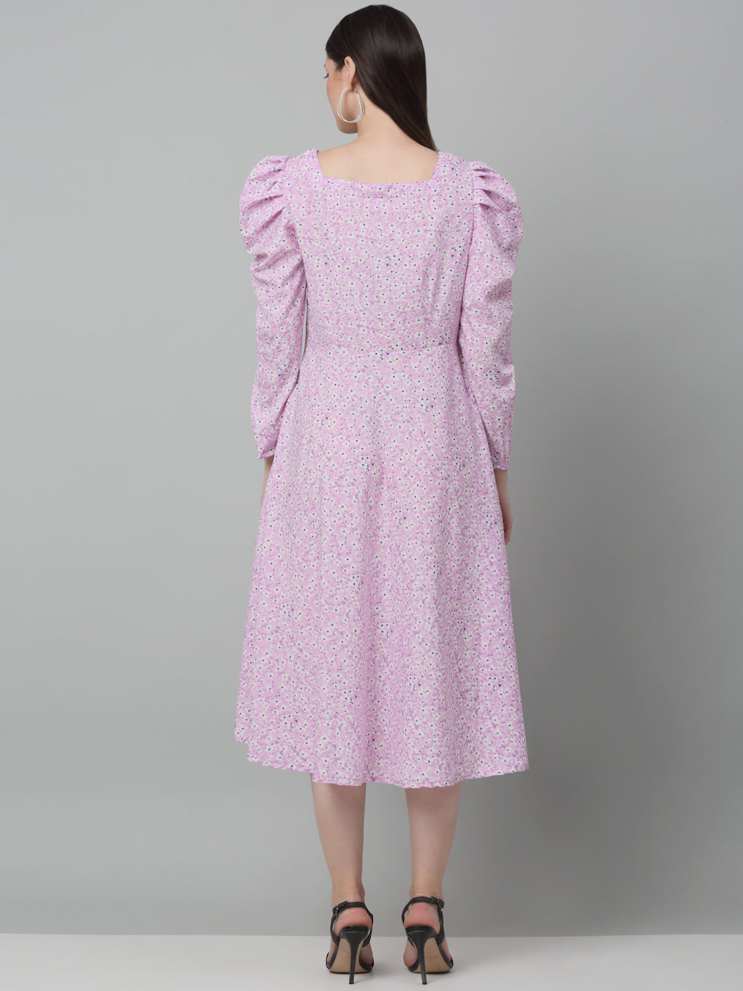 Jainish Women's WoFloral Print Square Neck Puff Sleeved flared Dress - Light-Purple