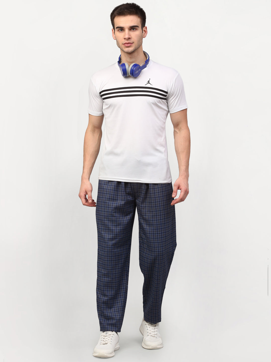 Jainish Men's Navy Blue Cotton Checked Track Pants ( JOG 017Navy-Grey )