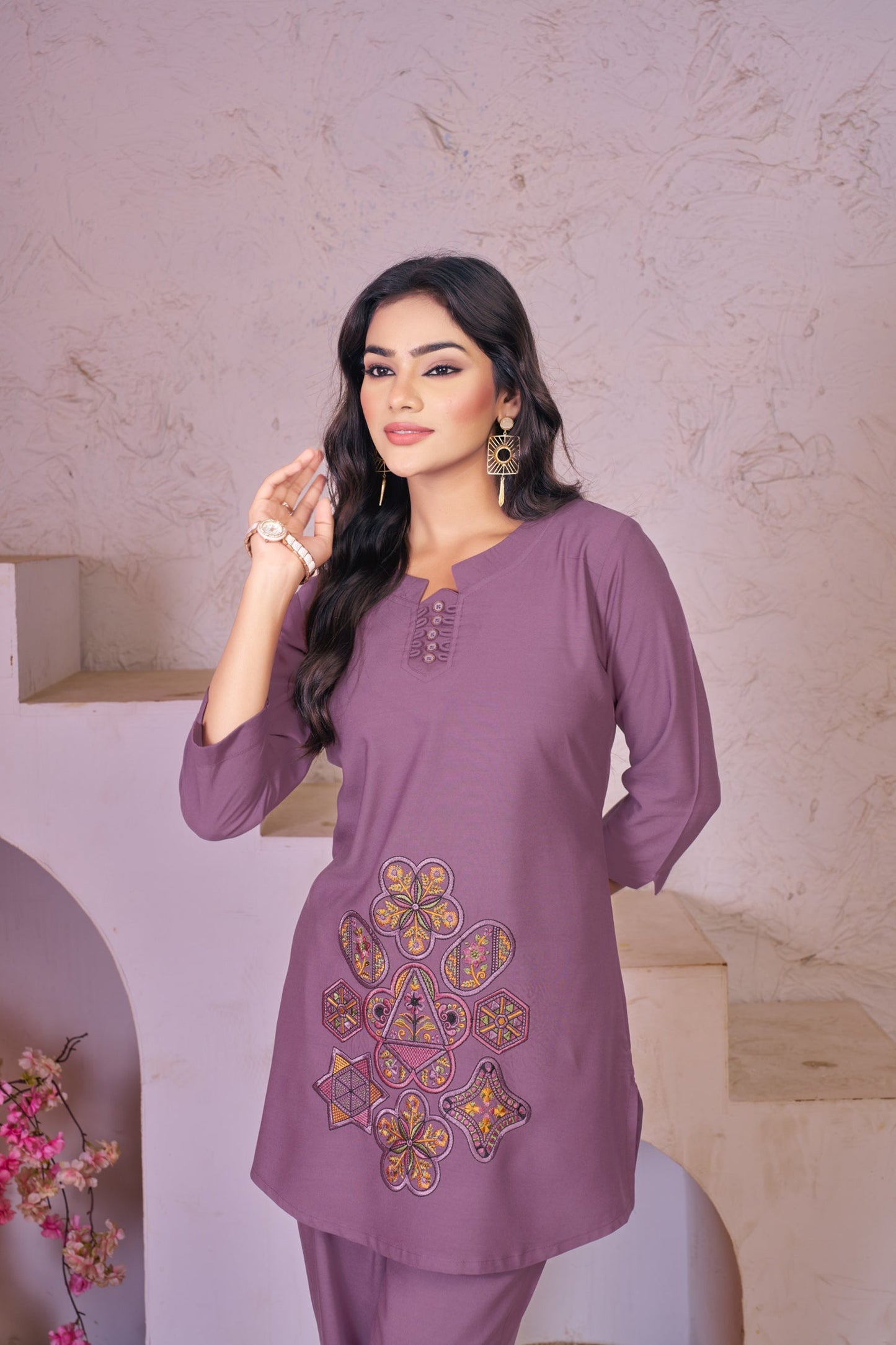 Lorenvalley Fashion Lavender Heavy Rayon Multi Embroidery Thread Work Co-Ords Set