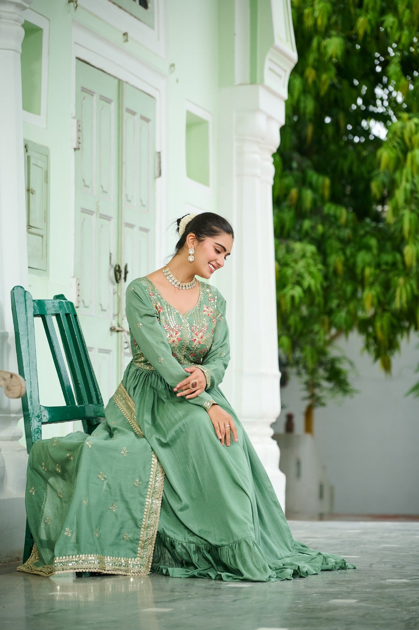 Evanik Designer Vichitra Silk with Rich Embroidered Zari & Thread Work Gown Dupatta