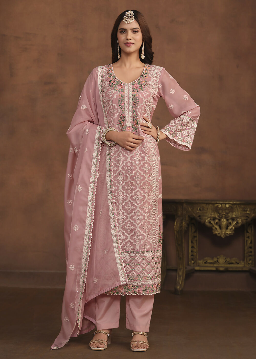 Blush Pink Soft Organza Embroidered Festive Salwar Suit - Emponline