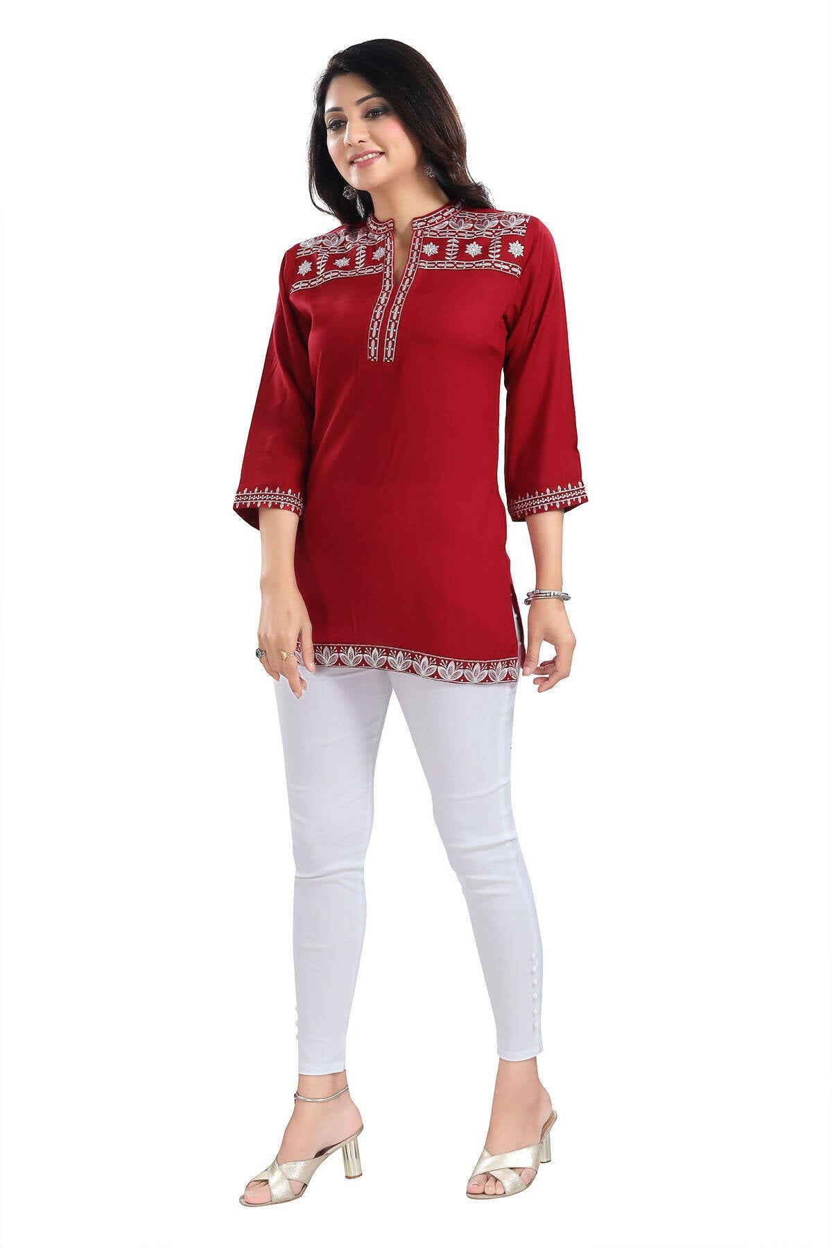 Snehal Creations Rosy Red Women Embroidered Boho Chic Tunic Top
