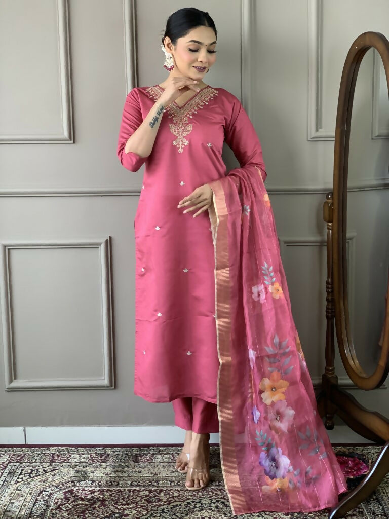 Light Pink Viscose chanderi Stitched Suit With Dupatta - Tanisha