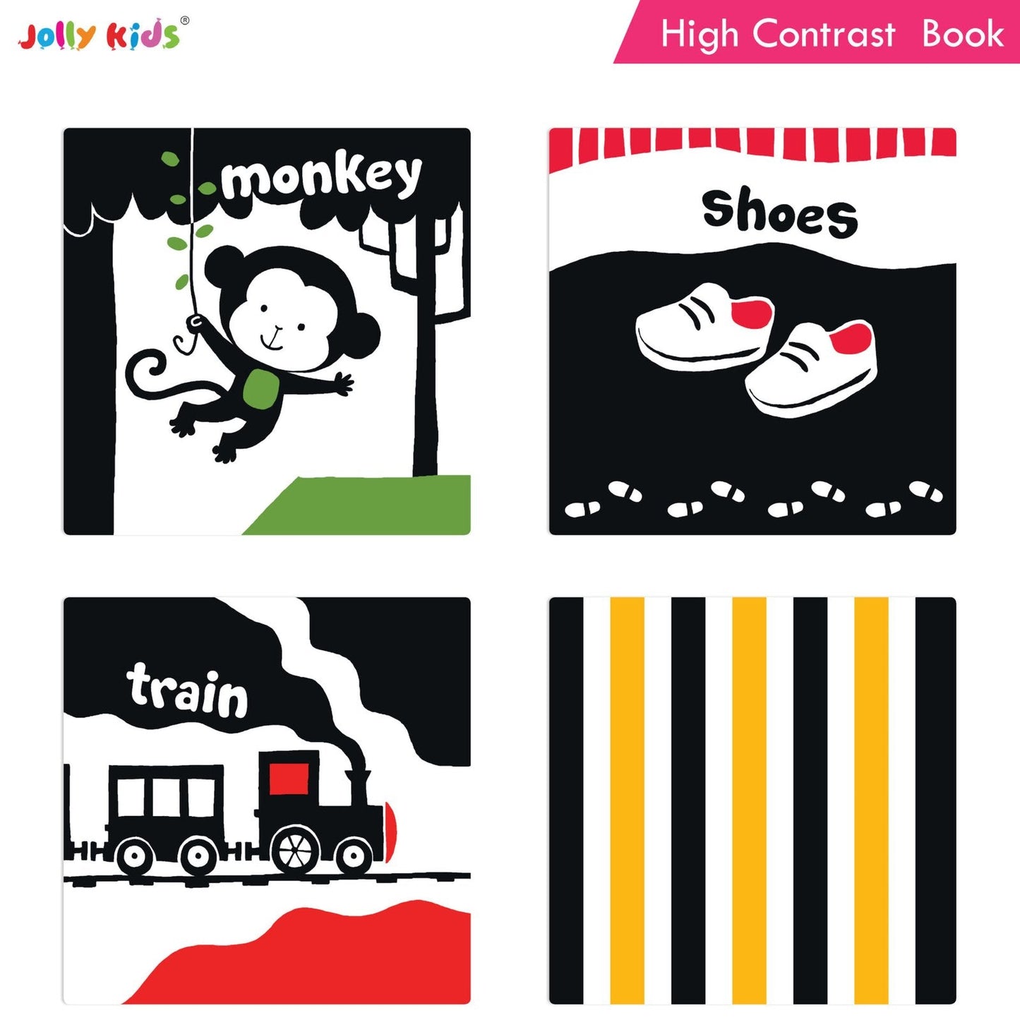 Jolly Kids Baby's First High Contrast Board Books (Set of 4)| Black and White Board Books For Kids Ages 0 - 3 Years