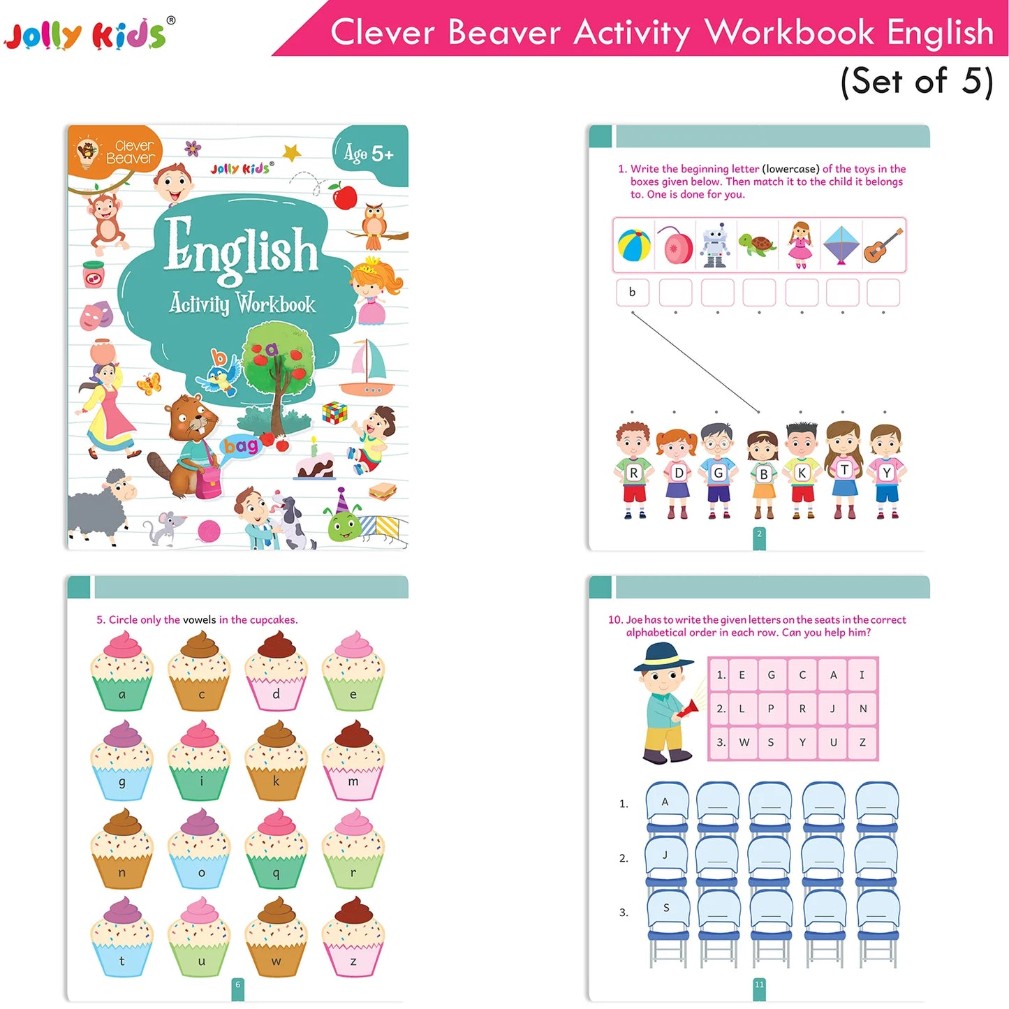 Jolly Kids Clever Beaver Ages 5-6 Years Fun Learning Activities Workbooks Set of 4| English-Maths-EVS-Good Habit-Logical Reasoning