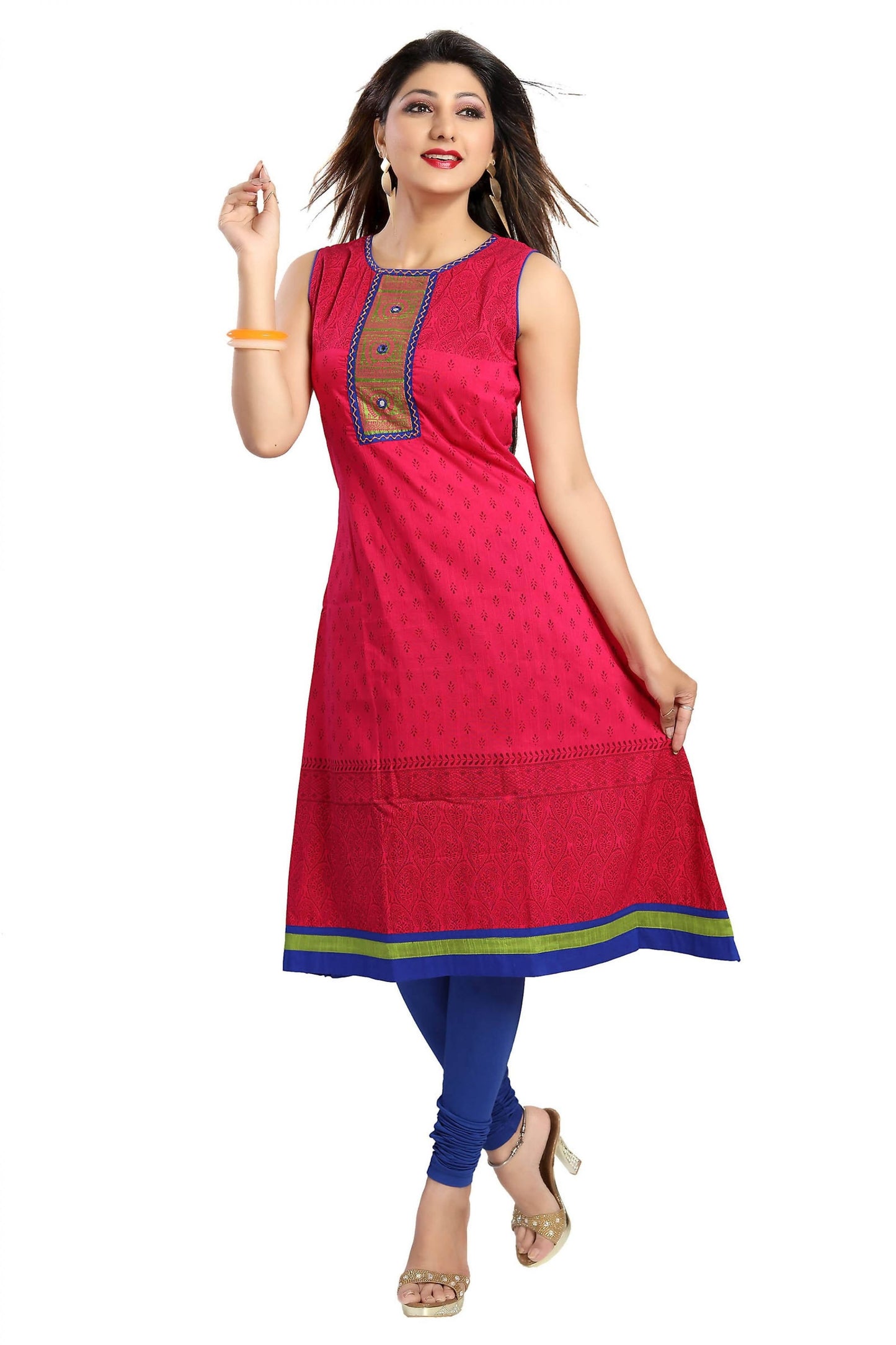 Snehal Creations Bold And Blast Hot Pink Raw Silk Sleeveless Kurti Tunic