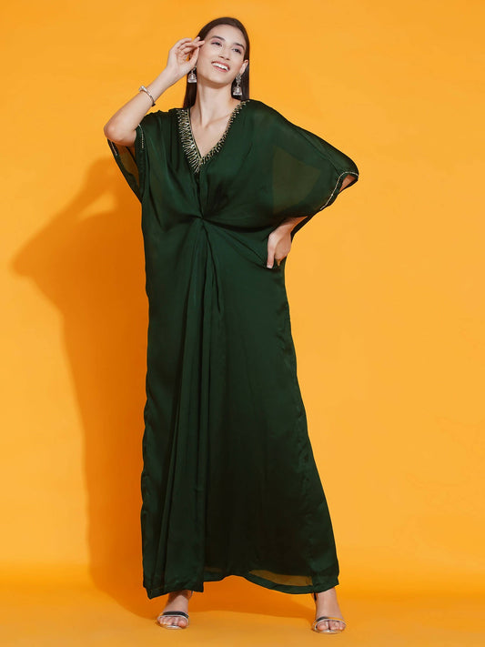 Women Republic Green Georgette Hand Embellished Kaftan Style Gown