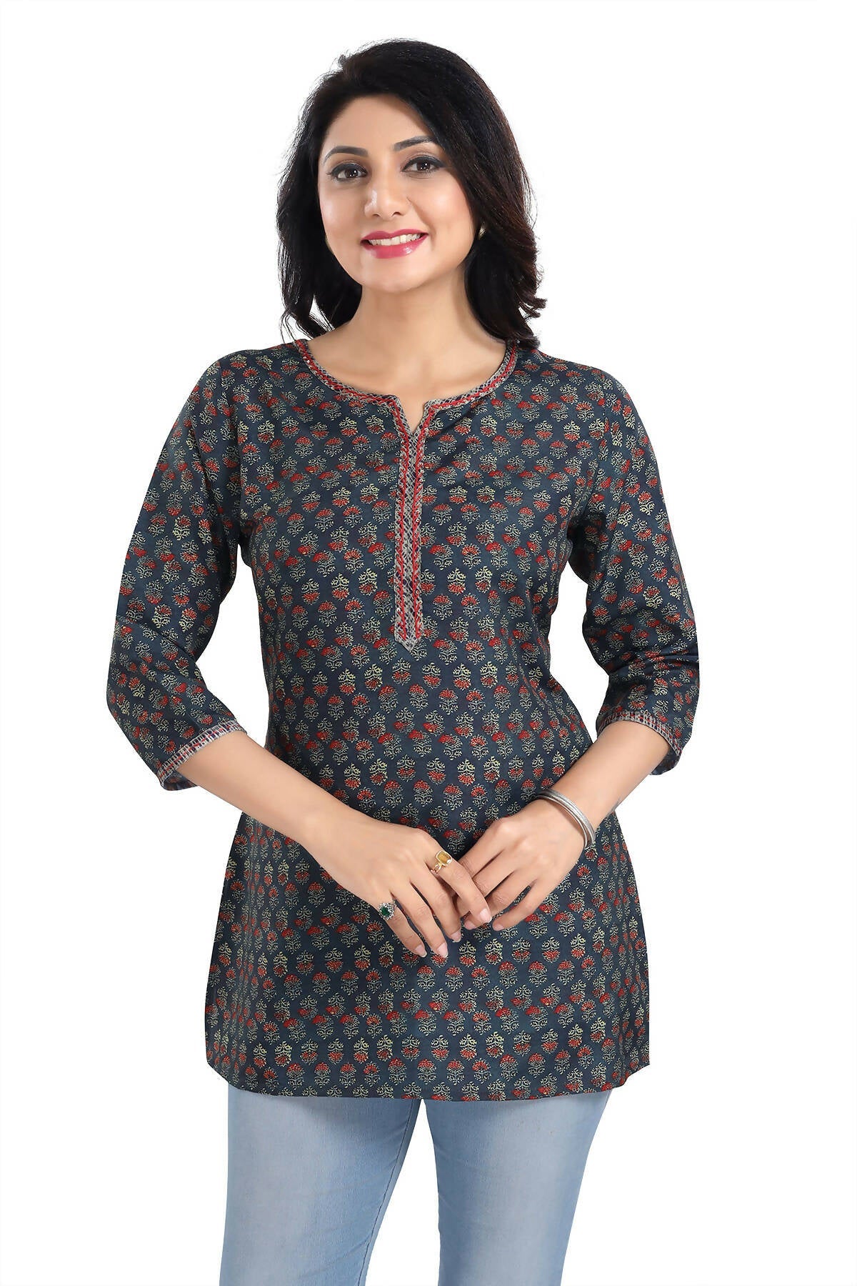 Snehal Creations Novel Navy Blue Rayon Short Kurti Tunic Top