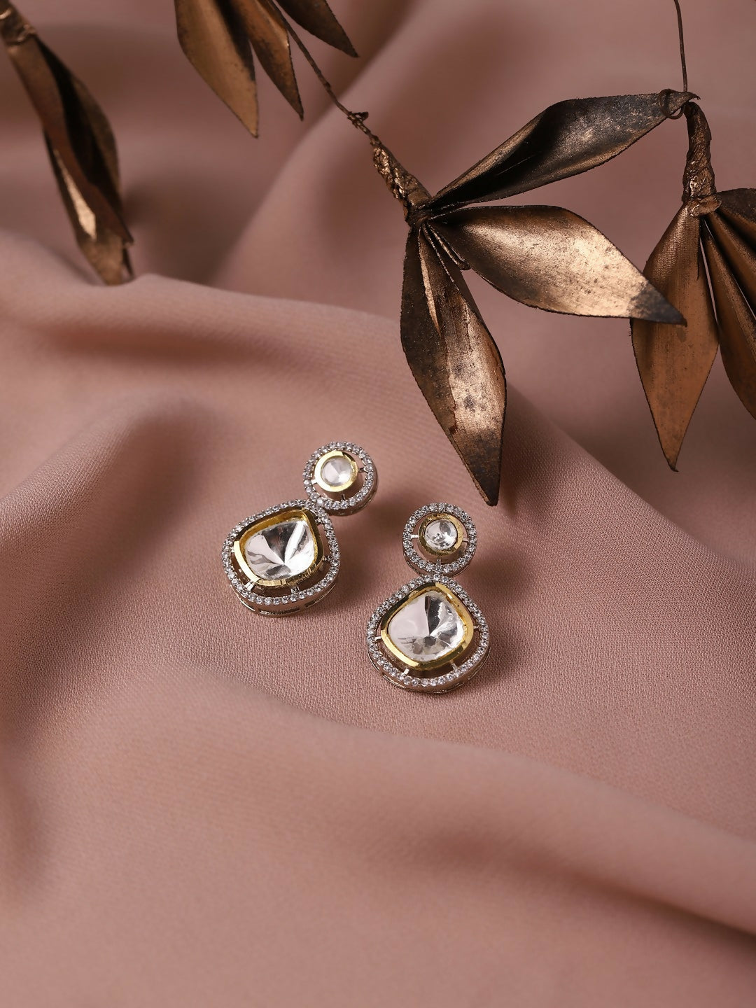 Clear Stone Kundan Earrings with Diamond Detailing- Ruby Raang
