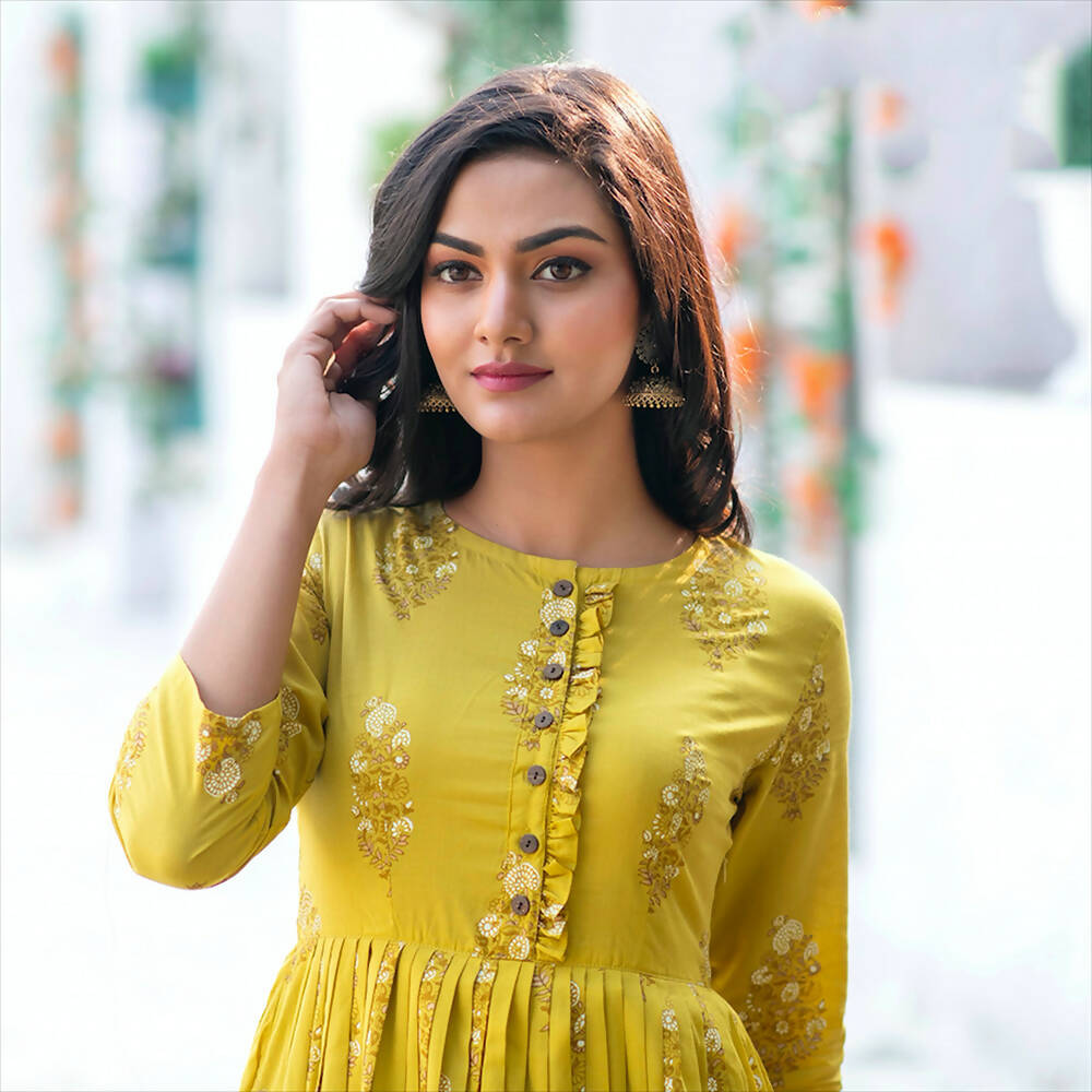 Partywear Designer Digital Printed Lemon Yellow Pure Maslin Gown - Anbazaar