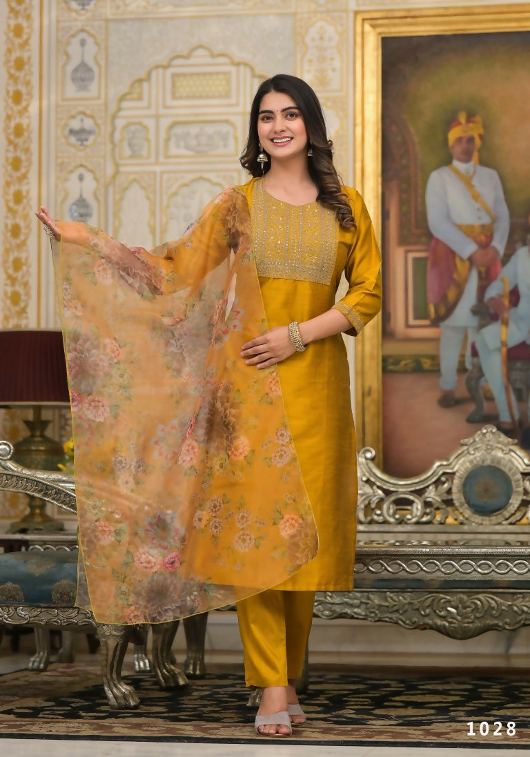 Partywear Designer Musted Yellow Poly Silk fabric Stitched Suit With Dupatta - Tanisha