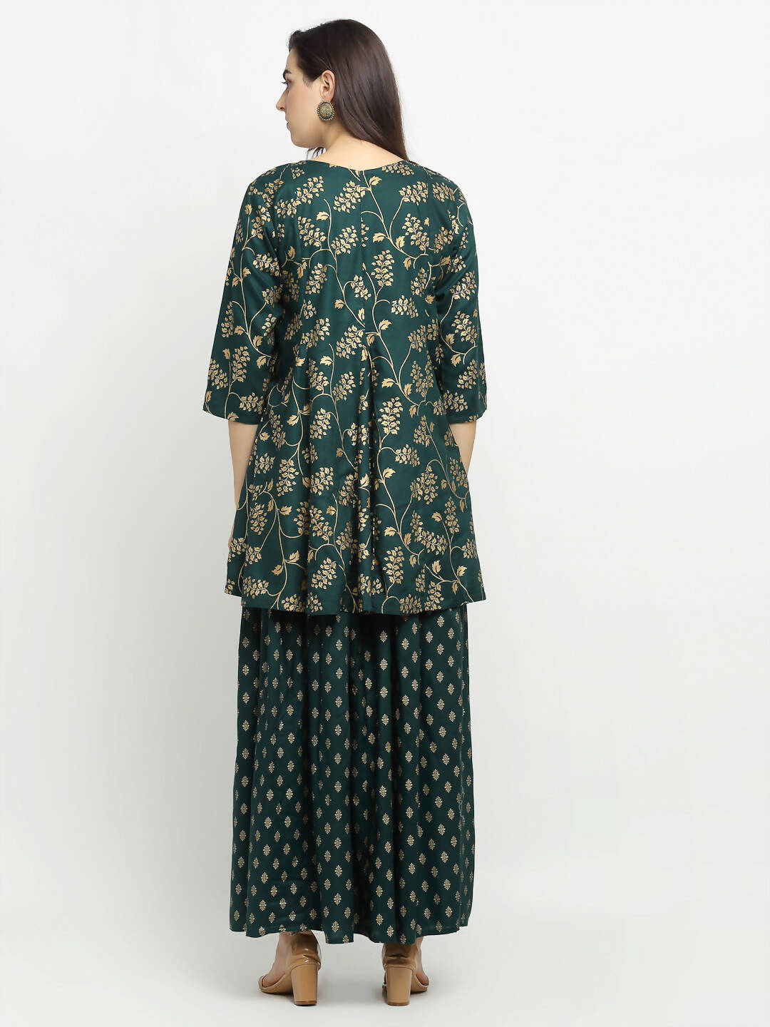 Rudra Bazaar Green Gold Printed Short Kurti With Skirt