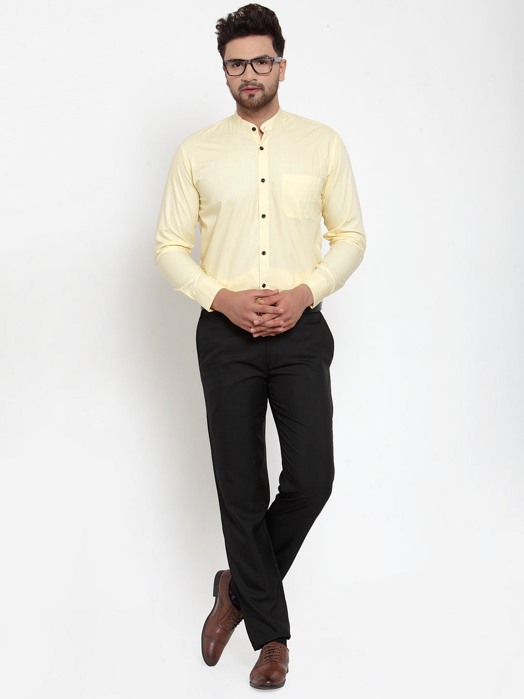 Jainish Yellow Men's Cotton Solid Mandarin Collar Formal Shirts ( SF 726Lime )