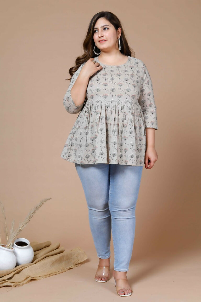 Miravan Women's Beige Plus Size Cotton Floral Printed Short Kurti