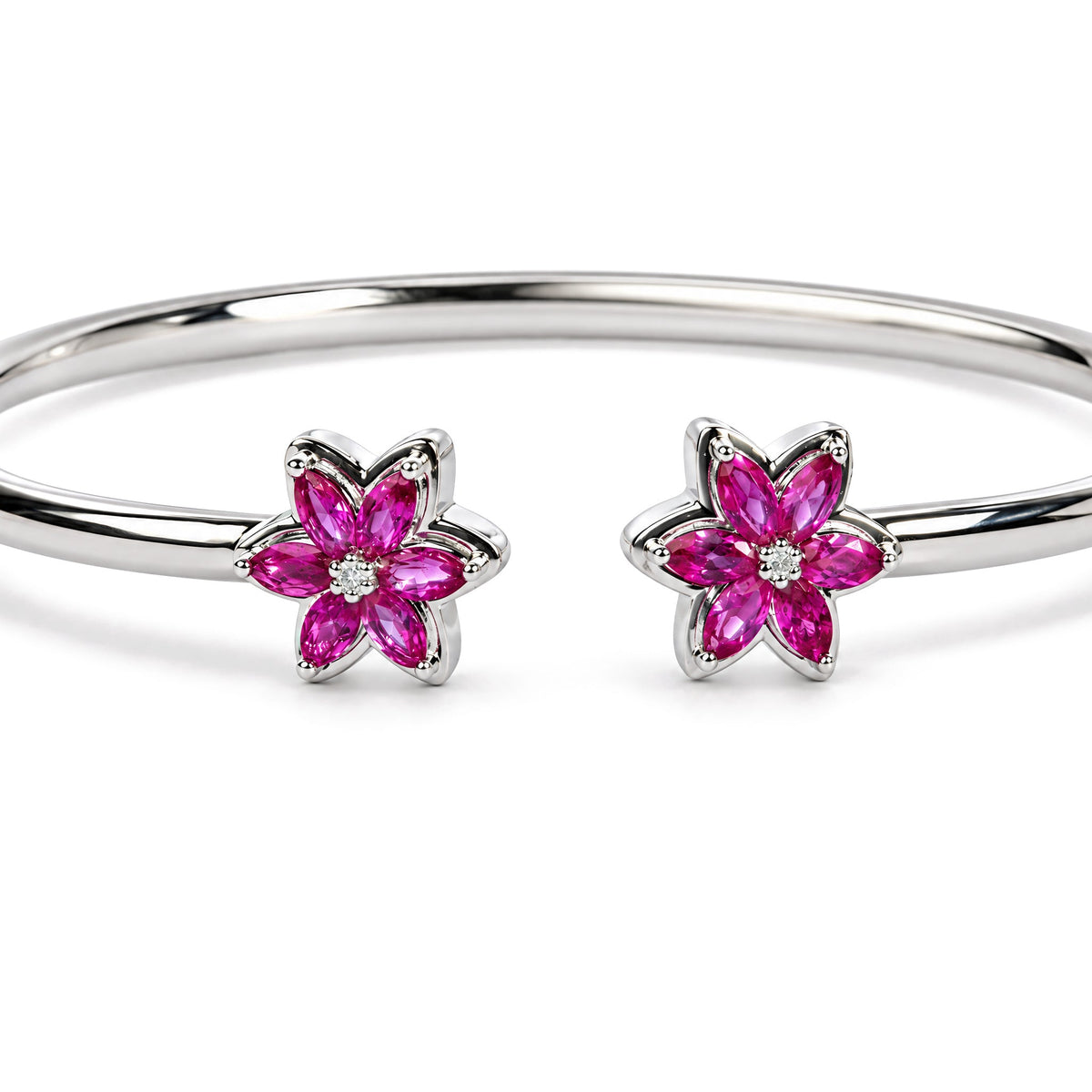 .925 Sterling Silver Ruby with Diamond Accent Floral Flexy Open Bangle Bracelet