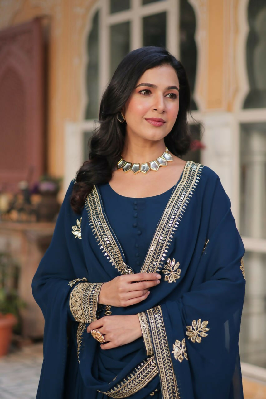 Vastranavya Premium Designer Faux Blooming with Embroidery Zari Sequins work Gown - Teal