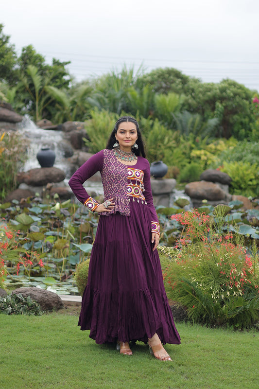 Lorenvalley Fashion Wine Rayon Kutchi Gamthi Embroidered Work & Cotton Print Work Gown