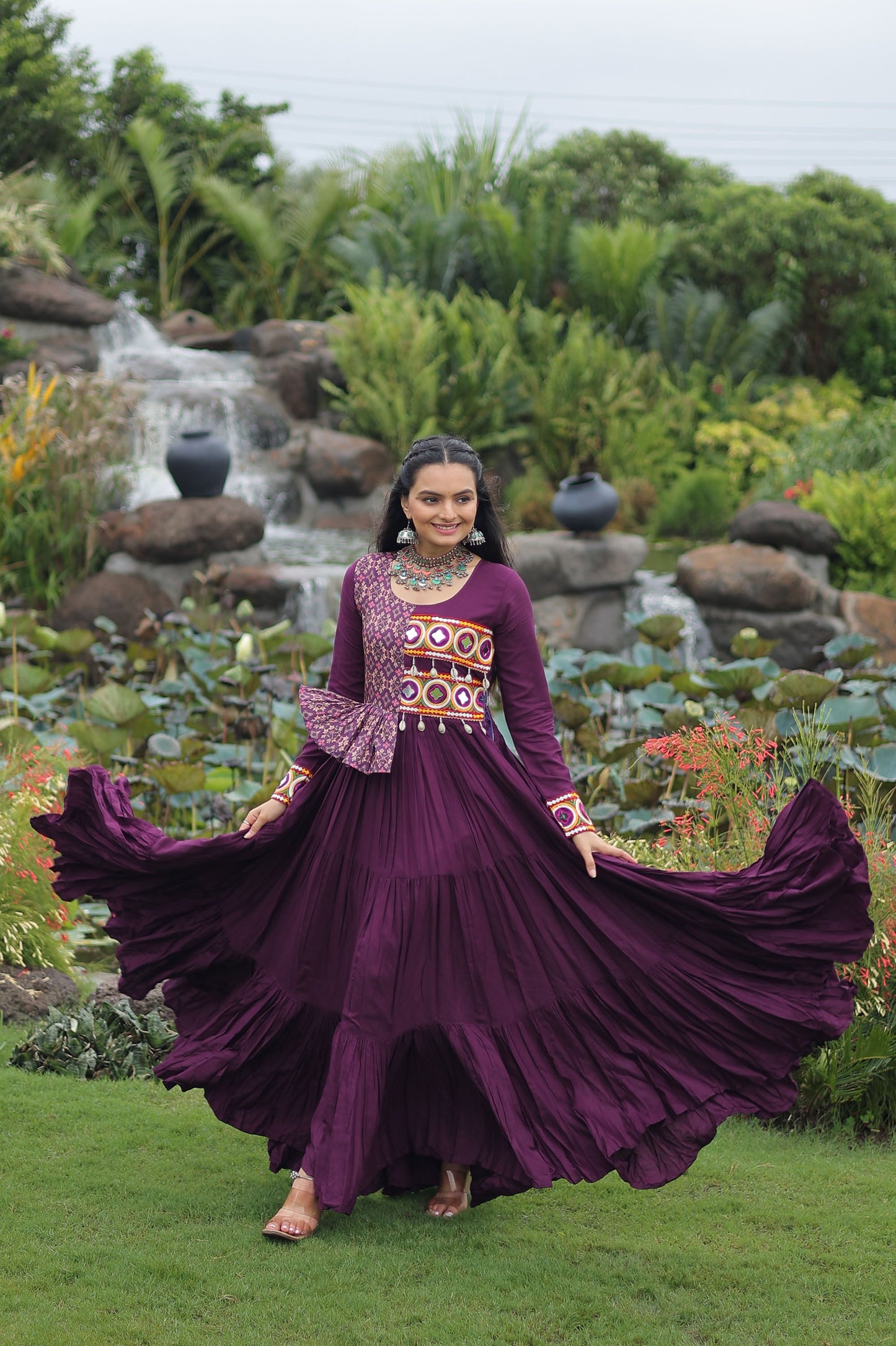 Lorenvalley Fashion Wine Rayon Kutchi Gamthi Embroidered Work & Cotton Print Work Gown