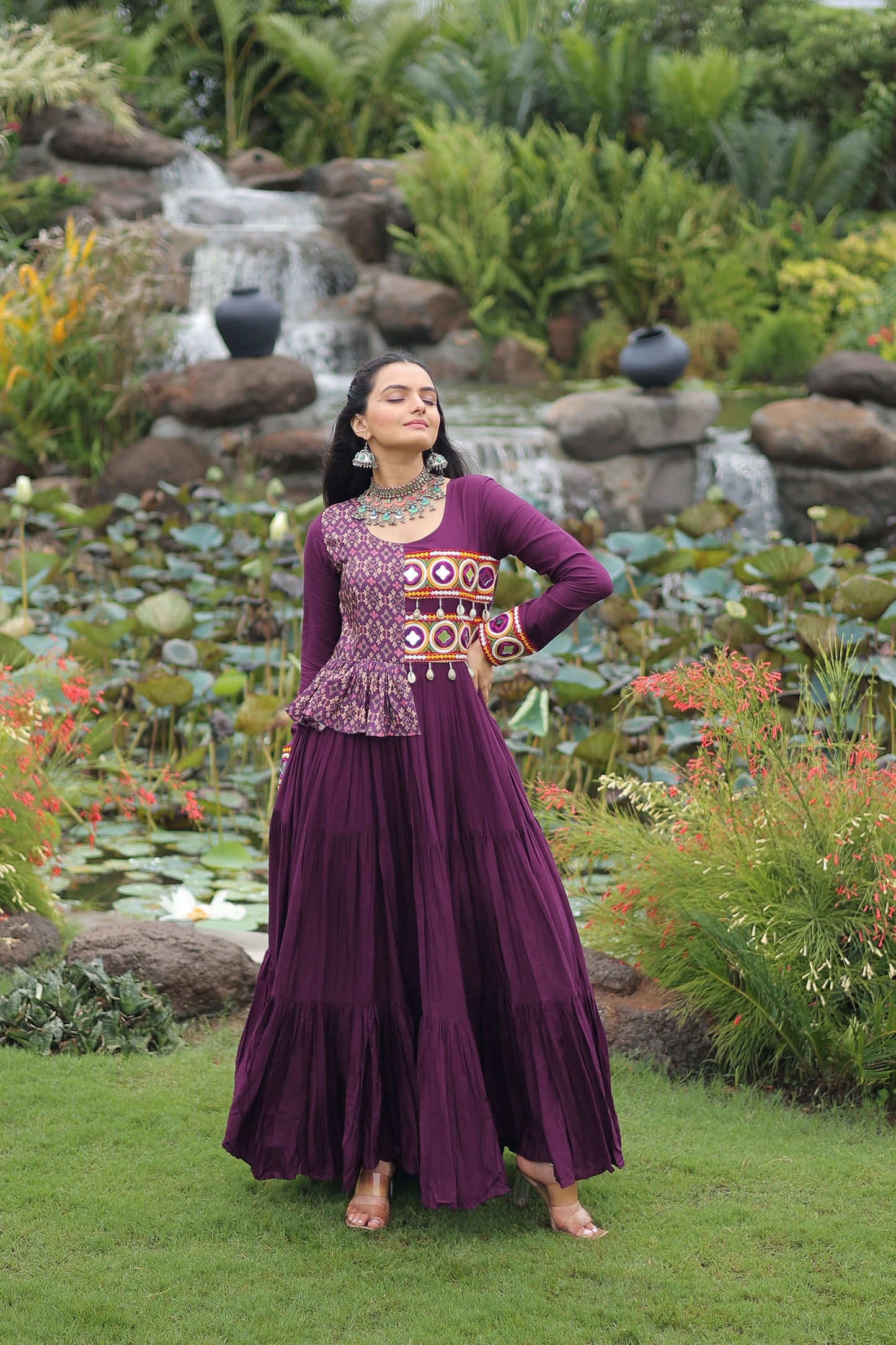 Lorenvalley Fashion Wine Rayon Kutchi Gamthi Embroidered Work & Cotton Print Work Gown