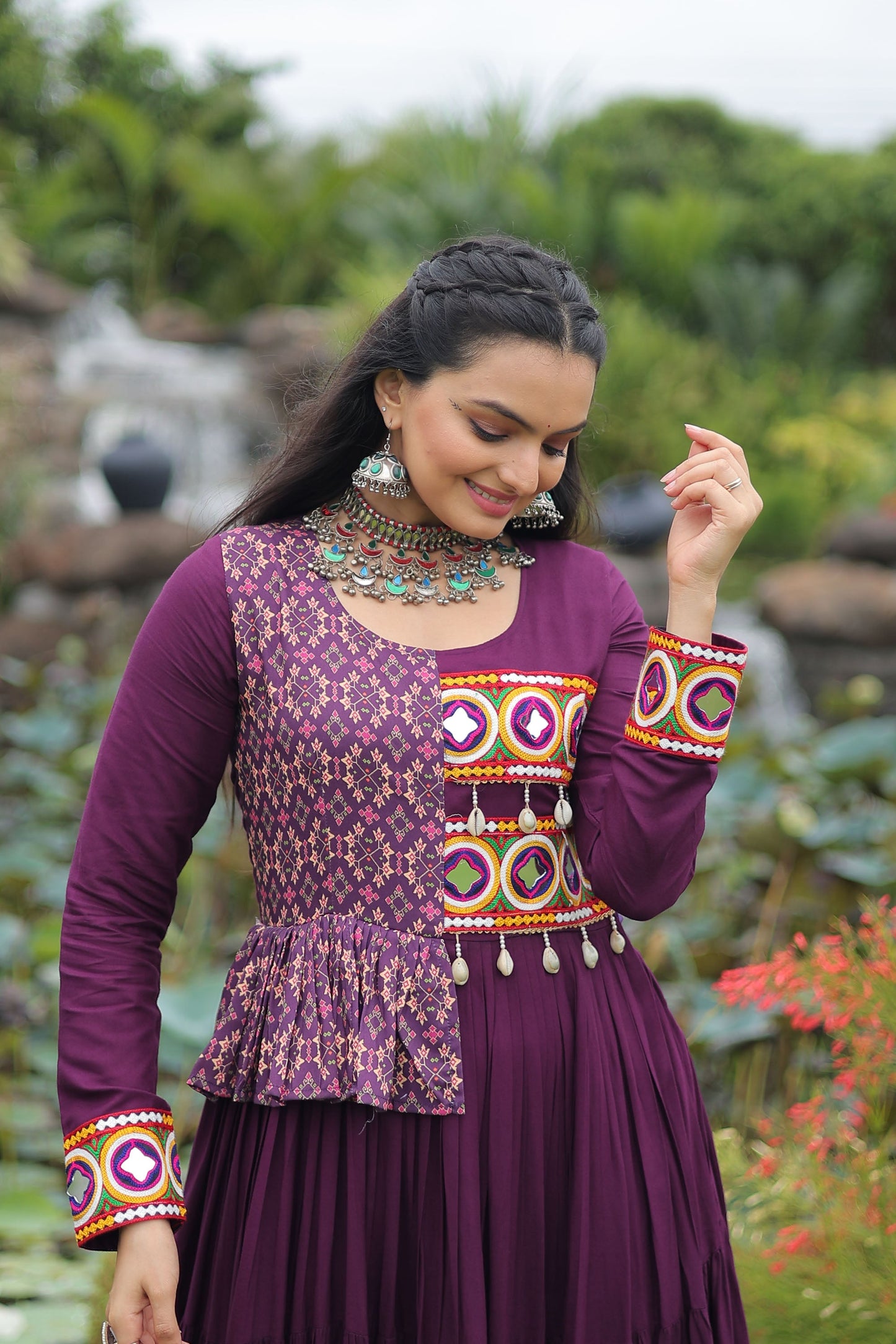 Lorenvalley Fashion Wine Rayon Kutchi Gamthi Embroidered Work & Cotton Print Work Gown