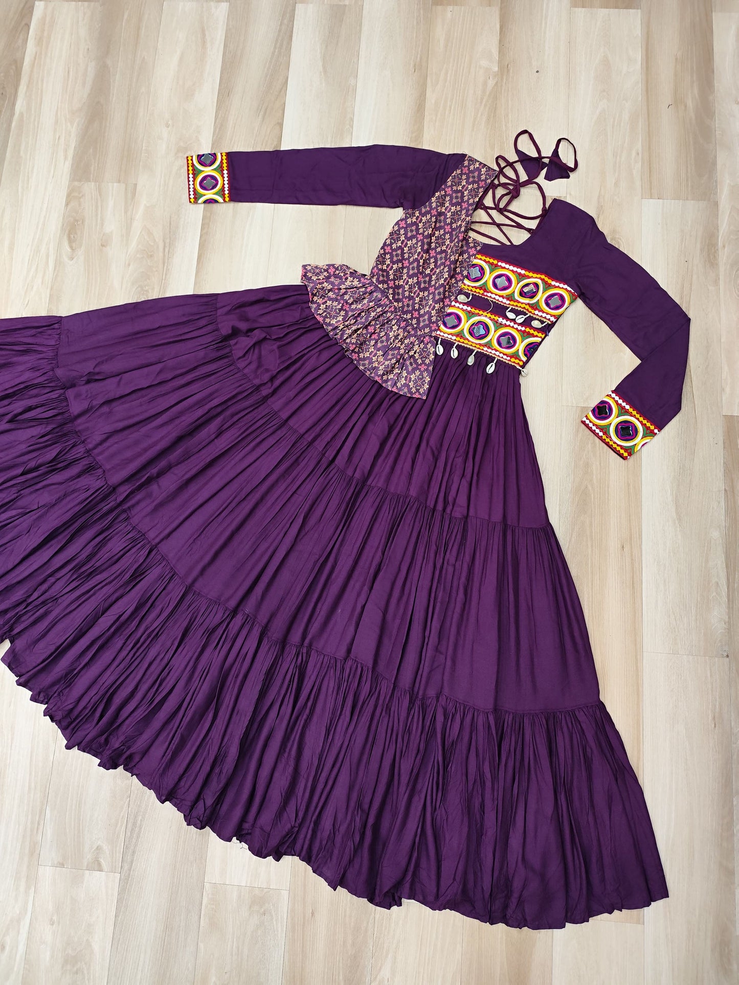Lorenvalley Fashion Wine Rayon Kutchi Gamthi Embroidered Work & Cotton Print Work Gown