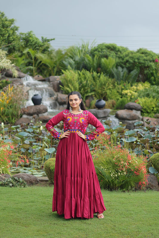 Lorenvalley Fashion Maroon Rayon Kutchi Gamthi Work Gown