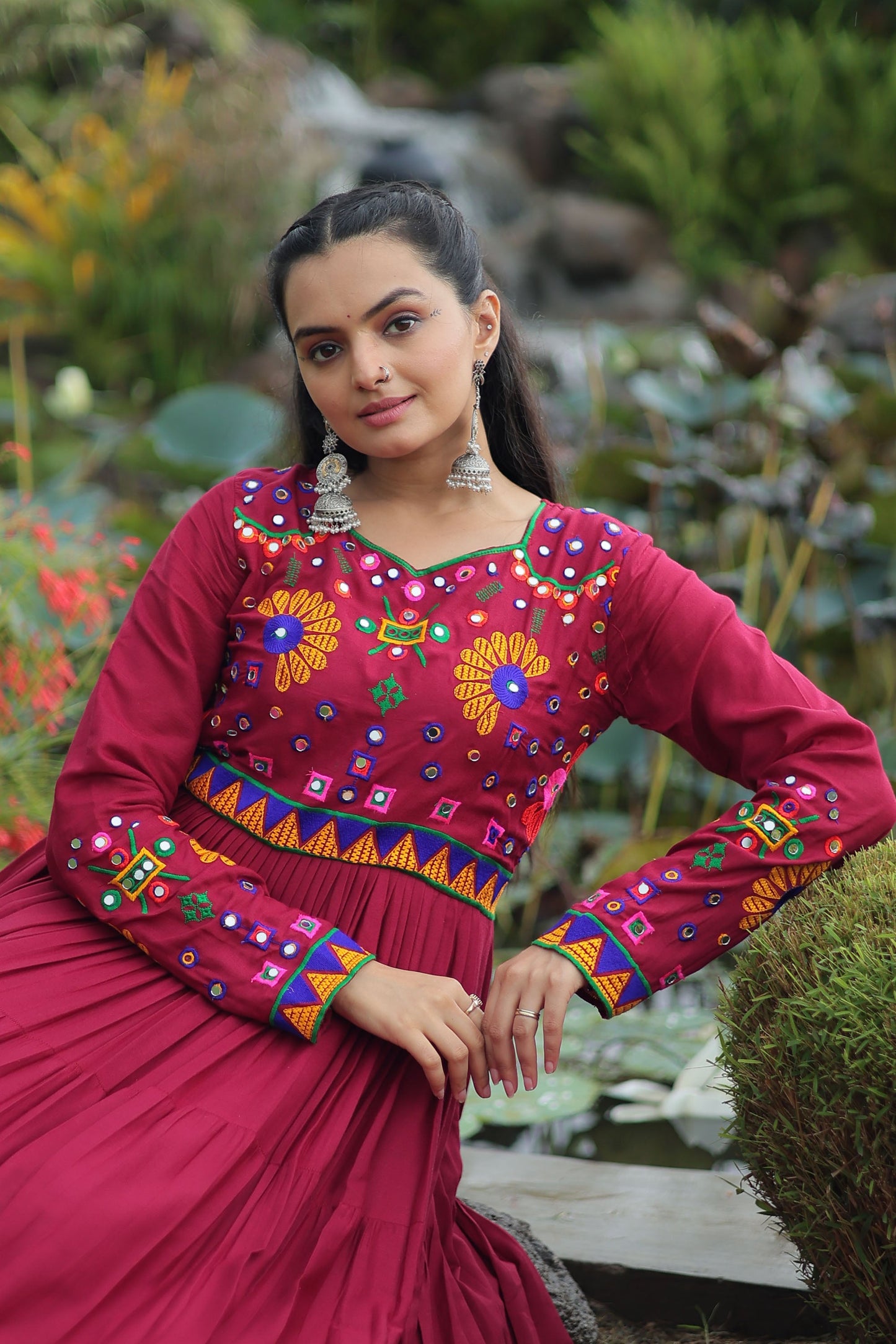Lorenvalley Fashion Maroon Rayon Kutchi Gamthi Work Gown